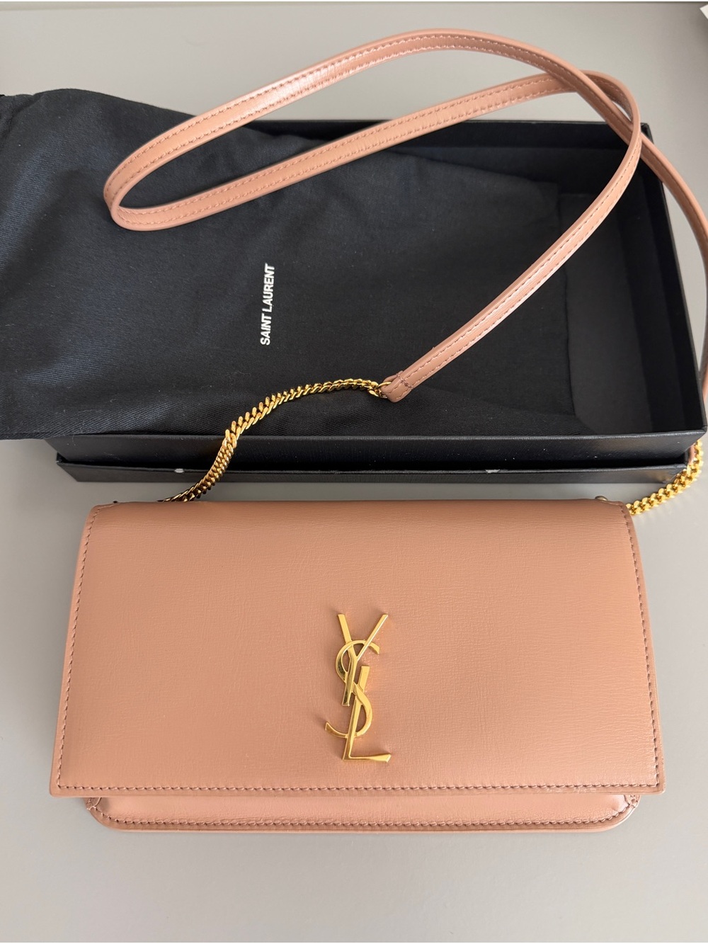 Saint Laurent YSL Cassandre Phone Holder Crossbody Dark Beige Leather Gold Chain